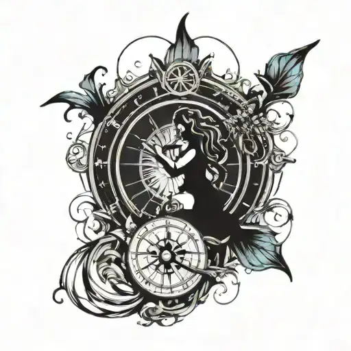 Silhouette Of A Mermaid On The Background Of A Compass And A Map With Water Stains
