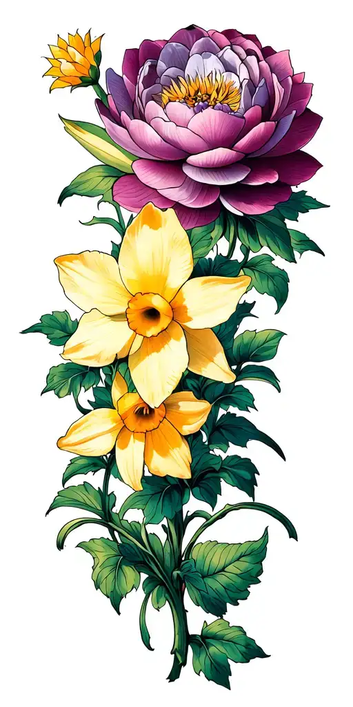 Daffodil Flower With Peony Flower With Hydrangea Flower With Lotus Flower And Ivy Wrapping Through