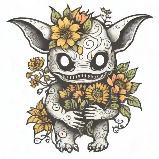 Little Fine Line Monster Holding A Bouquet Of Wildflowers