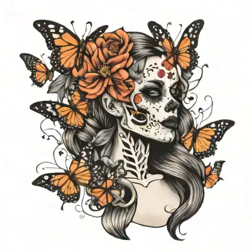 Woman Part Skeleton And Butterflies