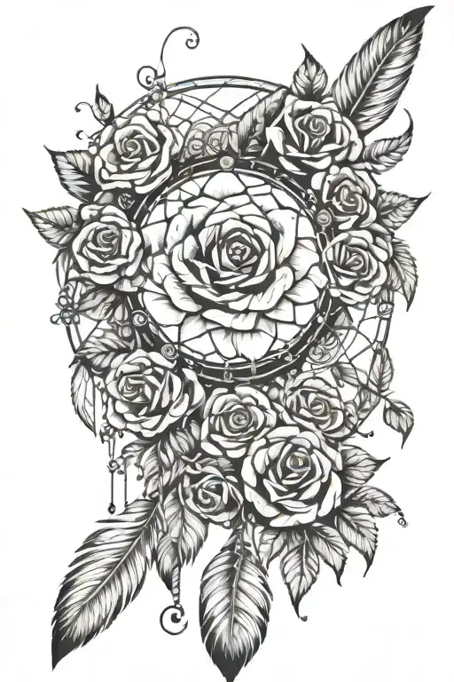 Love Roses Feather Dream Catcher Entangled In A Beautiful Unique Colourful And Black And White