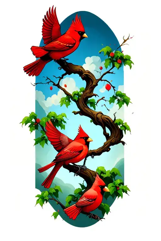 Twisting Tree With 3 Different Style Cardinals Flying Off It