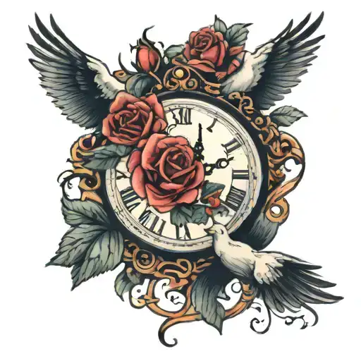 An Clock With Roses Around With An Dove Flying Away