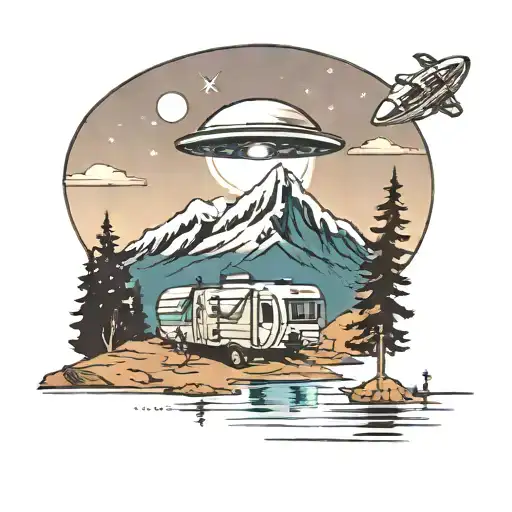 A Camper Gazing Up At A Ufo In The Night Sky Over A Mountain Lake