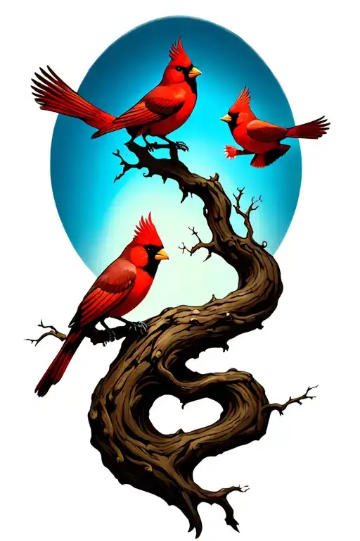 Twisting Tree With 3 Cardinals Flying Off It