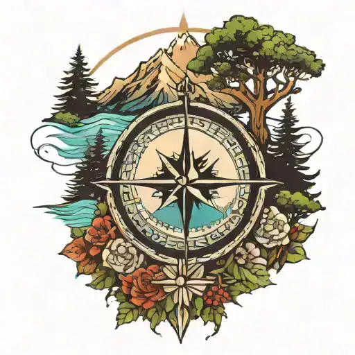 Compass Rose With Mountain Forest And Lake