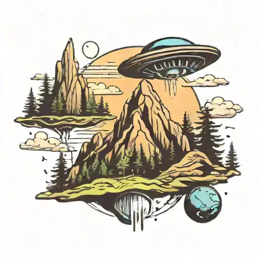 Ufo Abducting Human Over Forest And Mountains