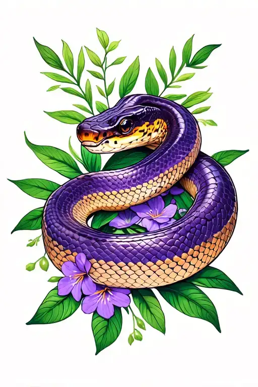 Honduran Milk Snake With Purple Flowers And Green Leaves