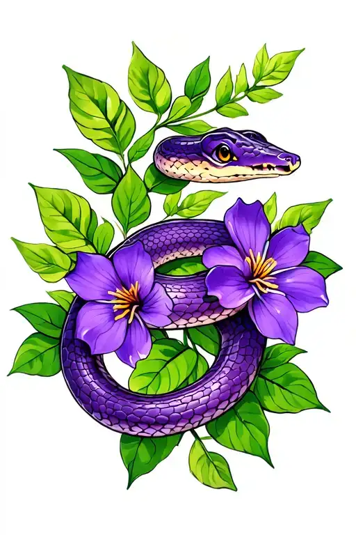 Honduran Milk Snake With Purple Flowers And Green Leaves