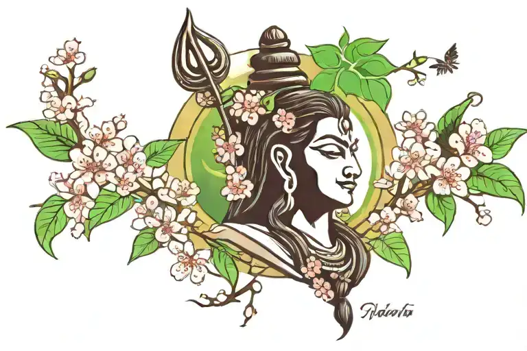 Shiva Idol With Multi Colour Cherry Blossoms And Green Leaves In Background