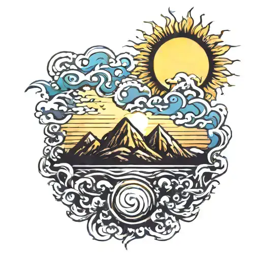 Sun Coming Over A Mountain With Waves Below It