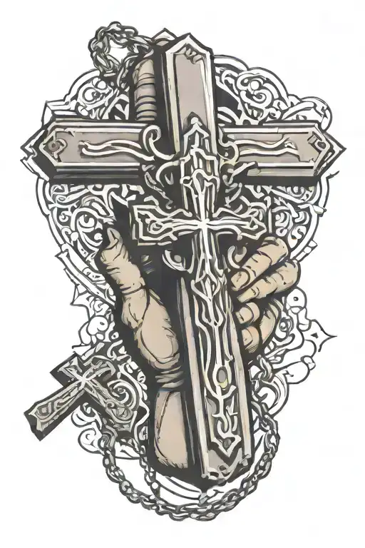 Praying Hands Holding Dog Tags Around A Cross