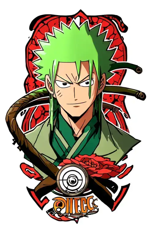 Roronoa Zoro Sorrounded By One Piece Logo Combined