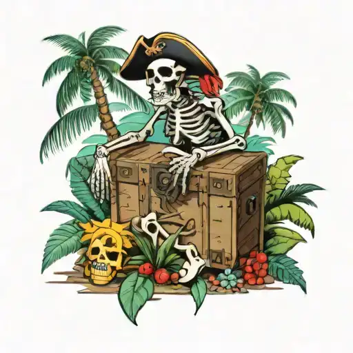 A Skeleton Pirate Guarding A Treasure Chest On A Tropical Island