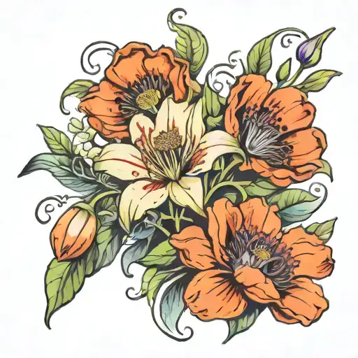 Honeysuckle And Poppy Flowers Blooming With Lily Flower