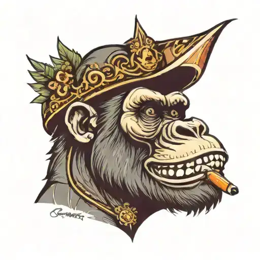 Gorilla Head Wearing Tilted 45 Degree Crown Smoking Cigar