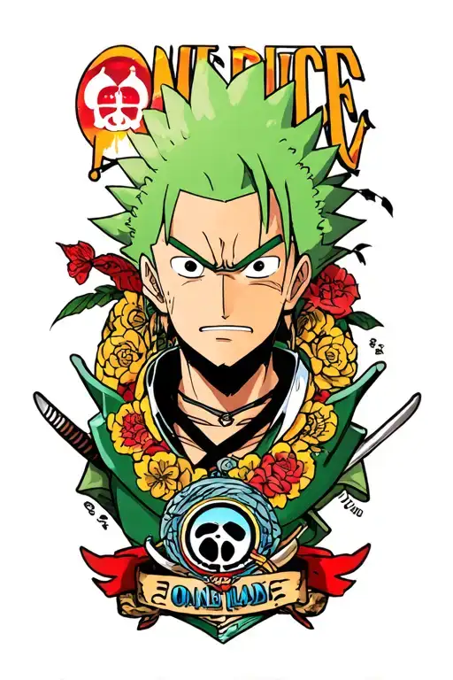 Roronoa Zoro Sorrounded By One Piece Logo Combined