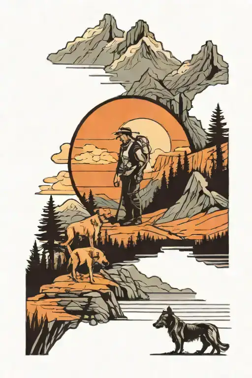 Man And Dog Standing In Front Mountains And Lake Surrounded