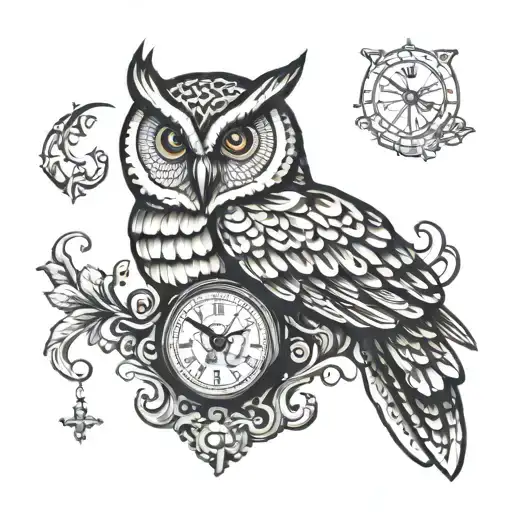 Owl And Antique Clock