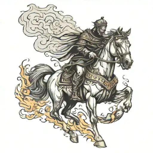 Roman Man On Black Horse Goes Through Fire
