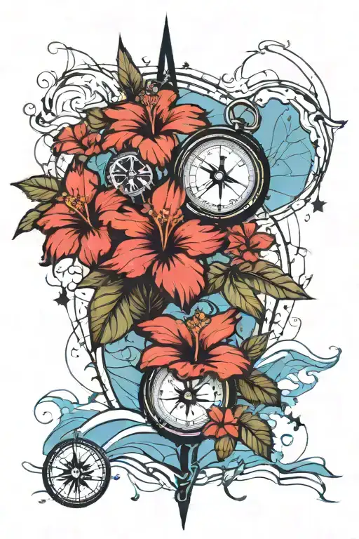 Beach Scene With Silhouette Tattered Map And Compass And Hibiscus