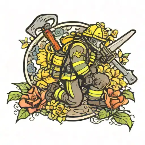 Firefighter Kneeling With Axe Before A Christian Cross Surrounded By Flowers