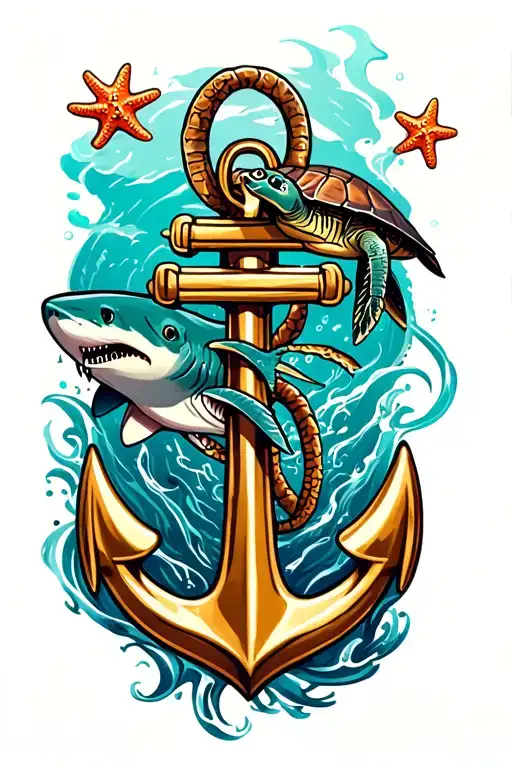 Anchor With Turtle And Shark And Starfish Floating