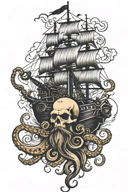 Clipper Ship With Skull And Octopus For Beard Made