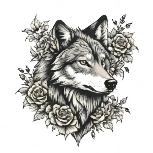 Wolf And Flowers Surrounding