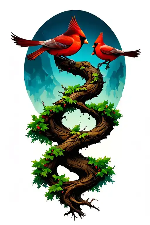 Twisting Tree With 3 Cardinals Flying Off It