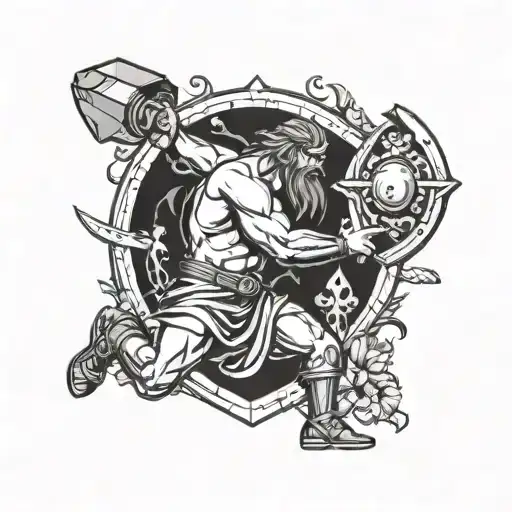 Hephaestus Forging With Hammer With Shield In Background