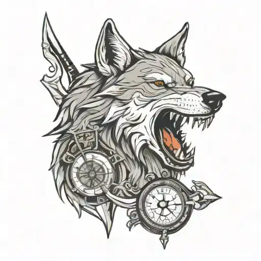Wolf Head With Compass And Dagger Piercing