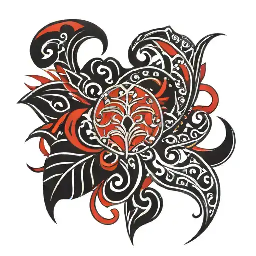 A Red And Black Tribal Design Incorporating Symbols Of Love And Courage