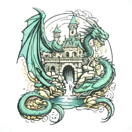 Dragons And Mermaids And Castle And Waterfall