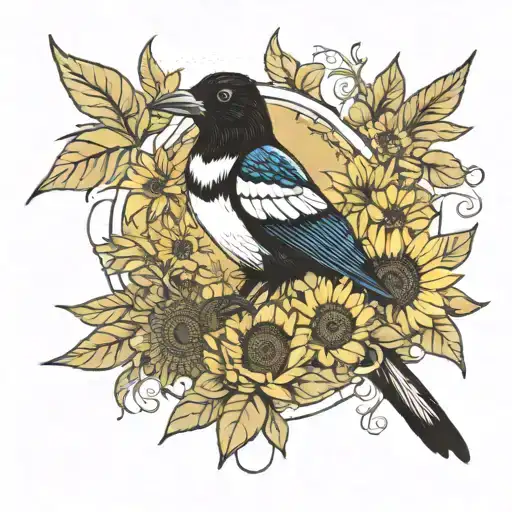 Magpie With Sunflower Blooming Flowers Symbolizing