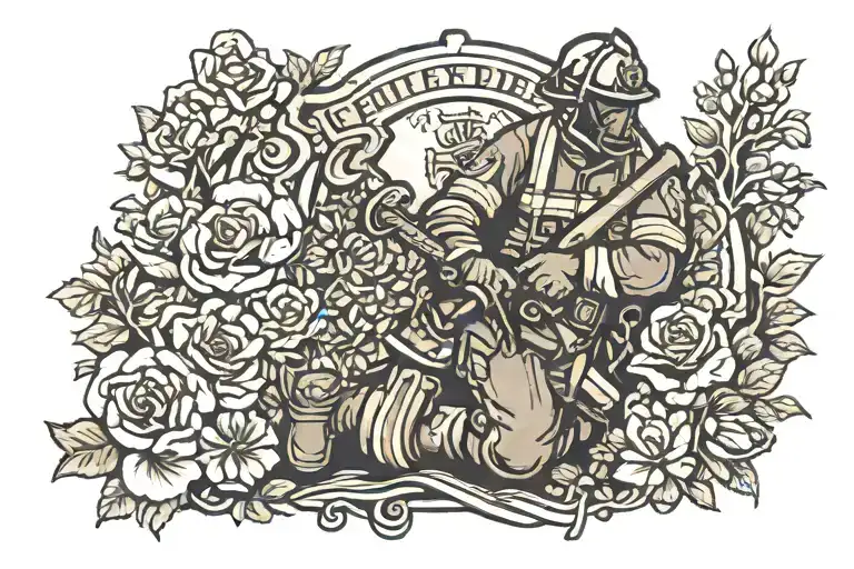 Firefighter Kneeling Before A Cross Holding A Axe Surrounded By Flowers