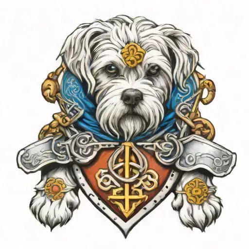 Maltese Dog With Blue Eyes On Armor Tattoo Design Featuring Celtic Trinity Knot Tattoo Idea