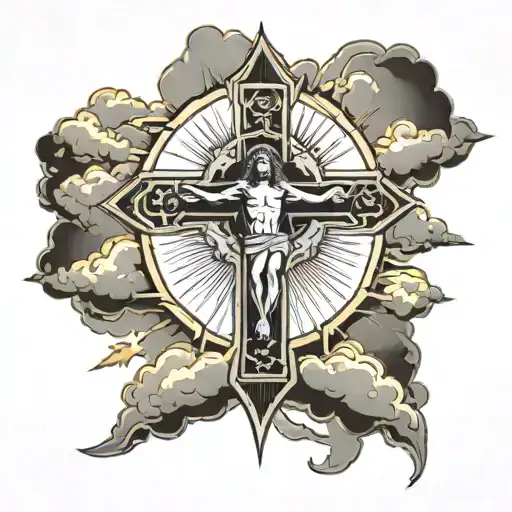 Jesus Cross With Clouds Surrounding And Rays Shining