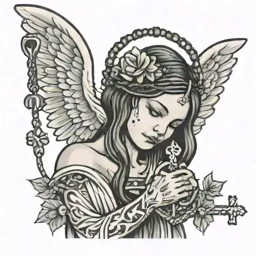Female Angel Holding A Cross Staff And Rosary Necklace