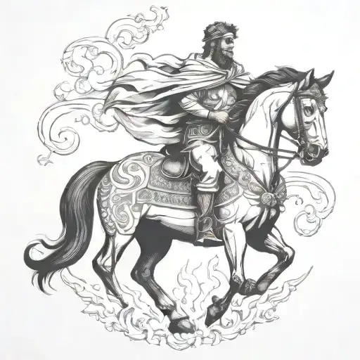 Roman Man On Black Horse Goes Through Fire
