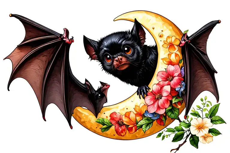 Fruit Bat With Open Wings Crescent Moon With Dainty Floral Stems