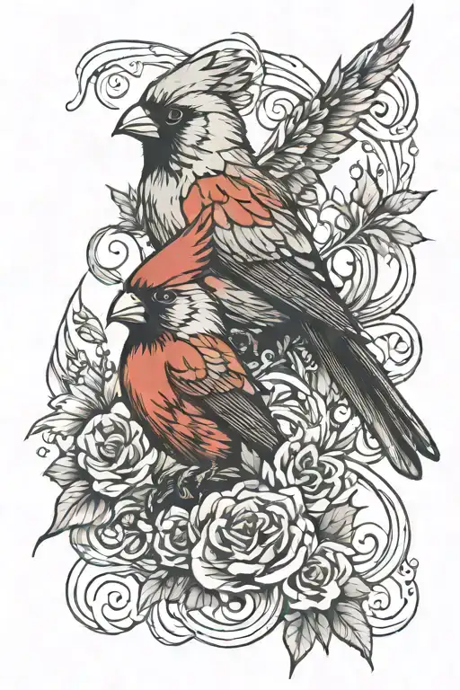 Cardinal And Fire Bird Sitting