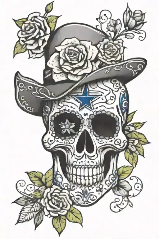 Sugar Skull Dallas Cowboys Feminine With Flowers Surrounding