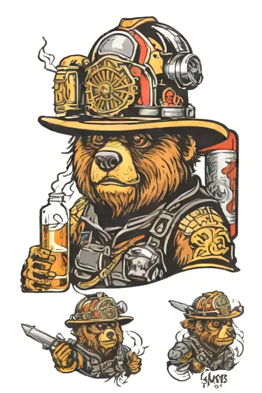 Firefighter Helmet Bear Rum Bottle Fire