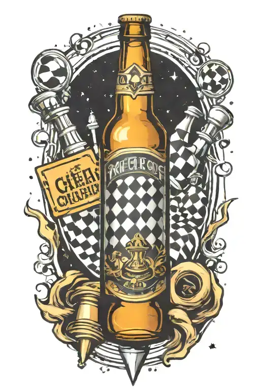A Beer Bottle With A Chess Board Label Floating In A Cosmic Background