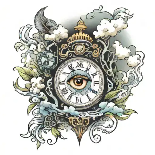 Half Sleeve With Eye Surrounded By Clouds And A Clock With A Poison Tree And Words
