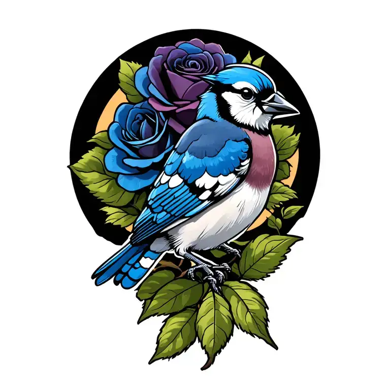 Blue Jay Bird On Stem Of Black Rose