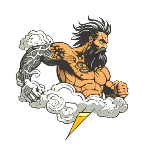 A Black And White Full Arm Sleeve Tattoo Design With Zeus And Lightning And Clouds