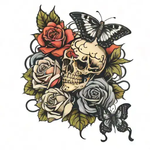 Black Butterfly And Centipede Wrapping Around A Rose With Cracked Skull