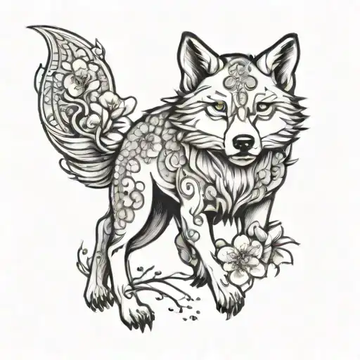 Moon Wolf And Cherry Blossom Japanese Style Black And White